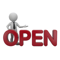 3D Business Person Announces "OPEN" Sign
