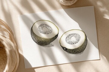 Artistic illustration of two halved melons on textured paper with soft shadows and natural elements