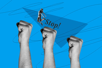 Exclusive 3d full image photo collage of sportswoman girl jump hands show fist support crowd stop...