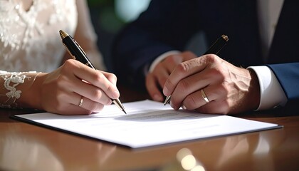 Couple signing documents at a wedding