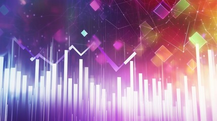 Abstract financial chart with upward trend line and geometric shapes against a colorful gradient background design