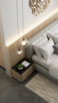 Bedroom in a minimalist modern style with a small work area and wardrobe. 3d render