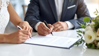 Couple signing wedding document