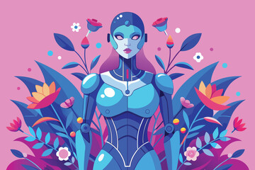 Obraz premium Vector art of beautiful robot woman with flowers and leaves against a pink background illustration art