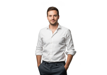Man in white shirt and grey pants isolated on transparent background