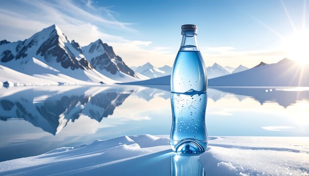 A light-blue water bottle sits on pristine snow, reflecting the serene winter landscape of a crystal-clear lake, mountains, and sky.