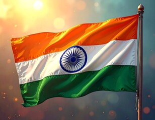 Indian flag waving in sunlit bokeh