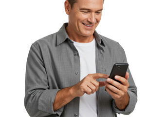 Man smiling while using a smartphone isolated on transparent background