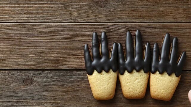 Three handshaped cookies dipped in dark chocolate are arranged on a wooden surface