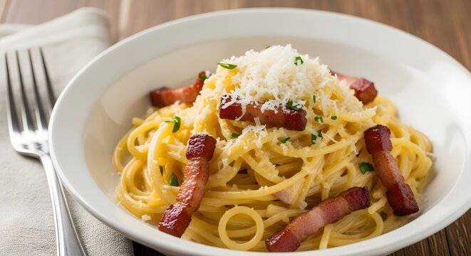 Creamy Spaghetti Carbonara with Crispy Bacon and Parmesan Cheese in a White Bowl