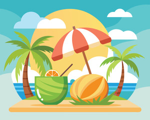 Vector art of a vibrant tropical beach scene with coconut drinks, palm trees, sun, and umbrellas on a sunny day