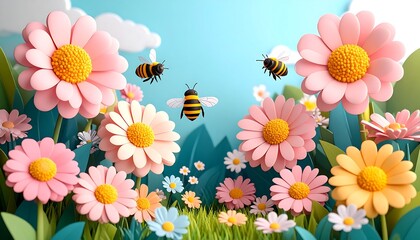 Colorful flower field with bees