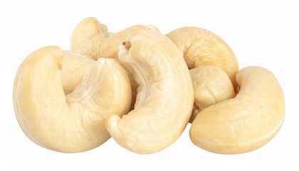 Render a pile of shelled cashew nuts with smooth, slightly glossy surfaces and natural curves, isolated on white background, emphasizing snack appeal, organic texture, and culinary simplicity.
