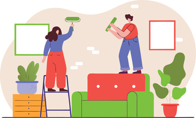 Couple Painting a Wall Together at Home