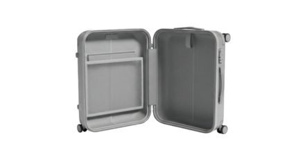 Open Gray Hard-Shell Suitcase with Interior Mesh Dividers.