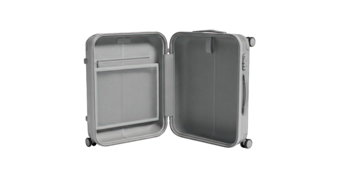 Open Gray Hard-Shell Suitcase with Interior Mesh Dividers.