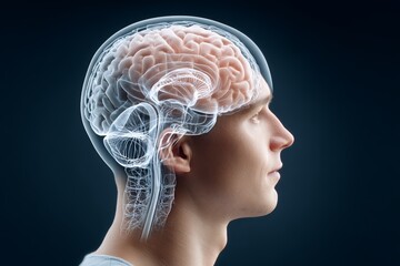 Obraz premium Male adult caucasian profile with transparent brain anatomy illustration