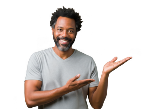 Smiling man presenting with open hand isolated on transparent background