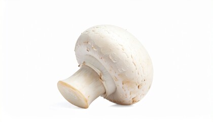 Fototapeta premium Render a single white button mushroom with smooth cap and clean-cut stem, positioned horizontally, isolated on white background, emphasizing edible morphology, organic texture, and culinary simplicity