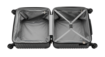 Open Black Suitcase with Interior Compartments and Wheels.