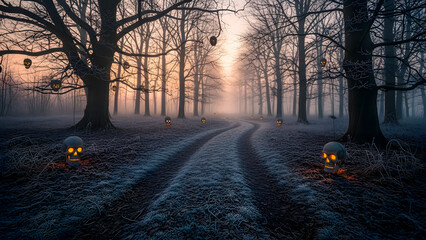 Spooky skull lanterns illuminate a misty path through a ghoulish forest for a haunting Halloween night.