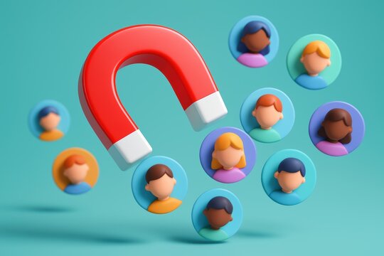 Magnet and People: A striking visual of a bold red magnet attracting diverse profile icons against a refreshing background, representing the powerful concept of attraction, engagement.