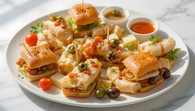 Variety of Appetizers on White Plate – Gourmet Food Photography. appitizers