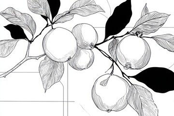 Black and white illustration of citrus fruits on a branch with leaves against a minimal background