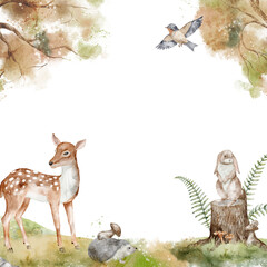 Watercolor Frame with deer, rabbit, bird, and woodland elements like mushrooms, stumps, and ferns. Illustration of forest Template for Background with woodland animals for baby shower cards or poster.