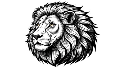 Obraz premium Detailed black and white lion's head graphic, showcasing intricate linework and a bold profile view.
