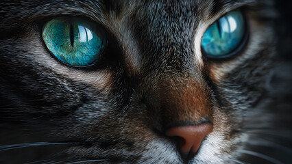 Striking close-up captures piercing teal eyes of tabby cat, highlighting intricate fur patterns and textures.