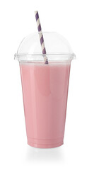 Tasty milkshake in plastic cup isolated on white