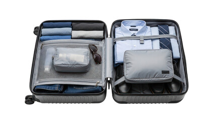 Organized Suitcase Packed for Business Trip with Clothing and Accessories.