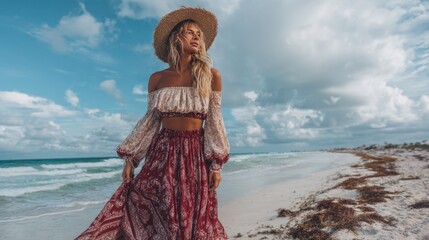Woman walking on beach with clouds