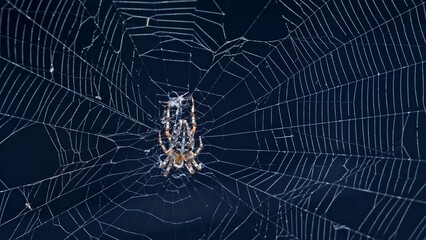 European Garden Spider Cross Orbweaver Araneus Diadematus Sitting in Center of Spiderweb Waiting...