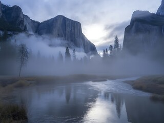 Misty morning view of Yosemite Valley with El Capitan and Bridalveil Fall national park nature