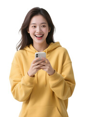 Young woman smiles, holds phone. PNG image on transparent background for marketing, social media, or presentations.