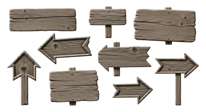 Set of weathered wooden directional signs. - Powered by Adobe