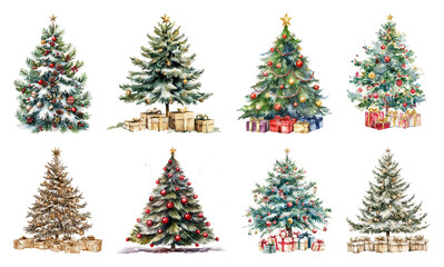 Fototapeta premium PNG Festive decorated Christmas trees collection, element set on transparent background