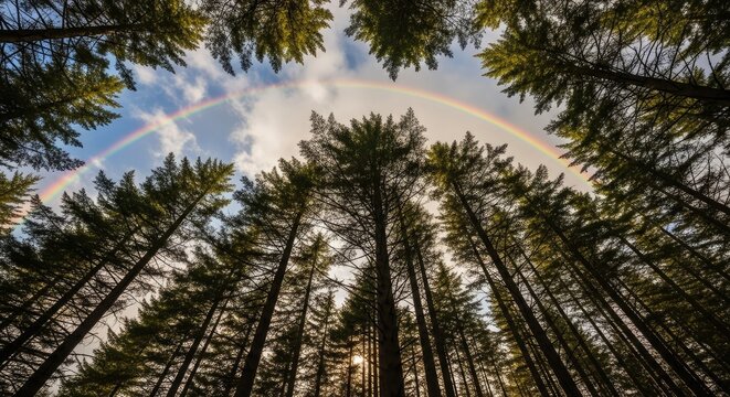 Looking up through tall pine trees in a dense forest at a vibrant rainbow arching across the sky, offering a hopeful and magical natural view. - Powered by Adobe