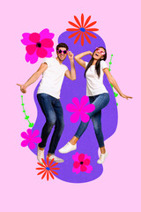 Collage with funny people among colorful flowers symbolizing family parentship friendship love dating romance relationships