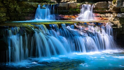 Cascading Waterfall Flowing Through Rocks Creating a Beautiful Natural Scene