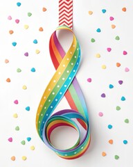 Colorful ribbon loop with confetti on white background