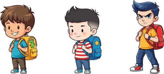 Cartoon boys with backpacks, school kids, happy and angry expressions, student characters, back to school, education concept, vector illustration