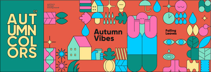 This vibrant stock photo features a colorful autumn-themed design with geometric shapes and playful illustrations. The composition includes leaves, raindrops, and abstract figures, capturing the