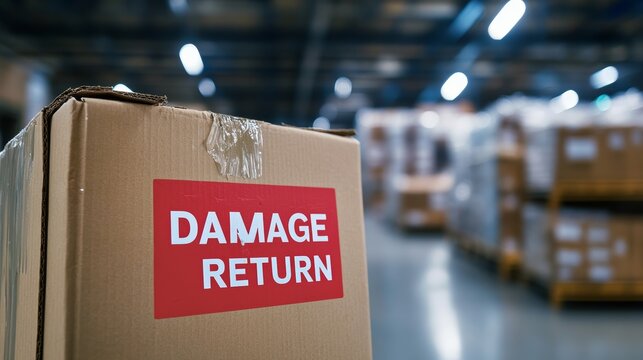 Warehouse scene with damage return label on cardboard box