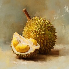 Close-up of a ripe durian fruit, showcasing its spiky exterior and creamy yellow flesh, on a textured background