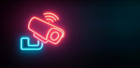 Neon security camera icon on dark background with wi-fi symbol