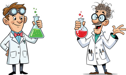 Cartoon scientists holding beakers, chemistry experiment, lab research, science fun, scientist characters, educational illustration, STEM learning, funny chemist