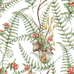Seamless watercolor Fern pattern with woodland foliage in green and autumn colors. Illustration of forest Background with mushrooms and red berries for fall wrapping paper or textile design.